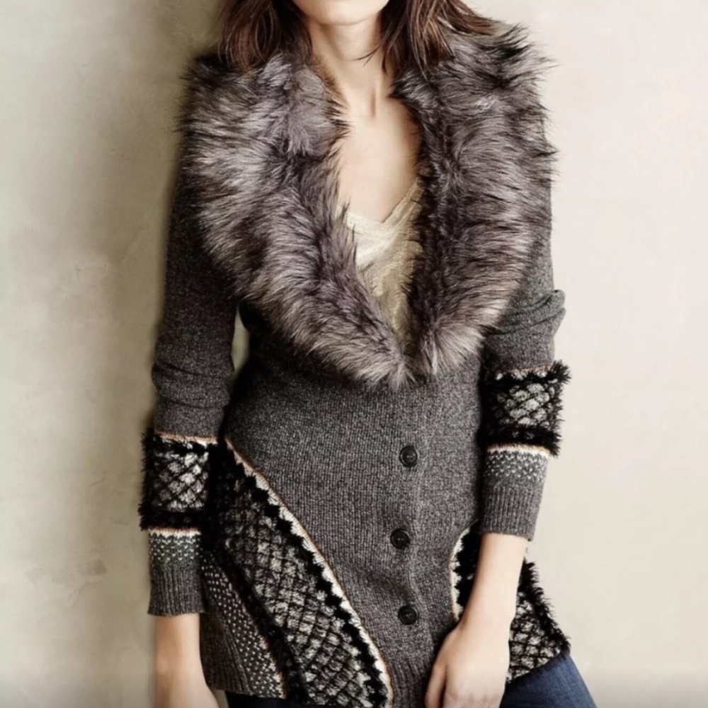 Anthropologie Gray Faux Fur Trim Cardigan